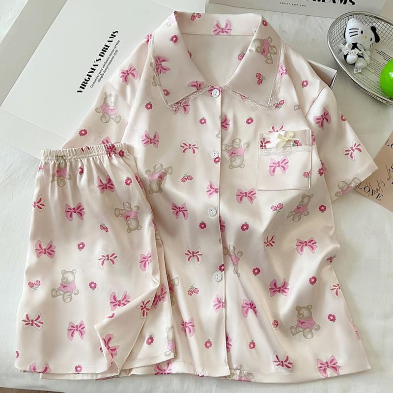 Sweet Bear Korean Style Ice Silk Pajama Set Women Cute Long Sleeve Loungewear