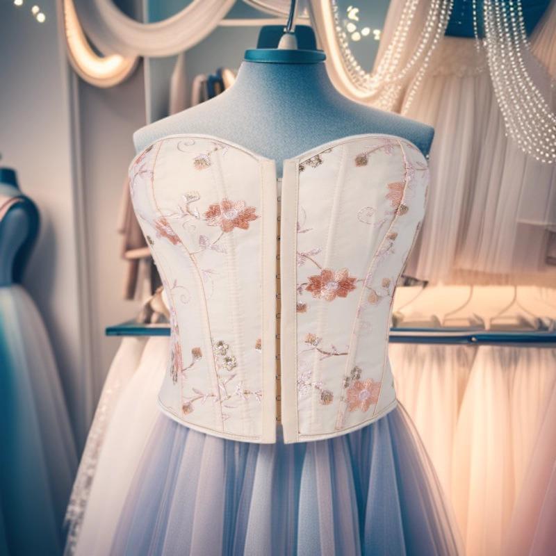 Top Corsetto Bustier Senza Spalline Ricamato Floreale in Raso Rosa con Ganci Anteriori Steccato per Donna