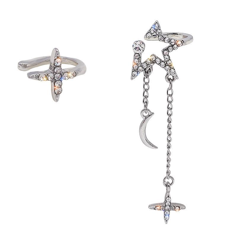 Sparkling Asymmetric Zircon Star Moon Ear Clip for Women Without Piercing Cross Tassel Ear Cuff Clip Earrings Wedding Jewelry