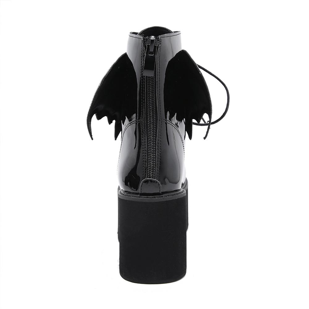 Gdgydh Women's Black Back Zipper Chunky Heel Boots Goth Style Lace Up Solid Color Platform Short Boots for Women Fashion Wing