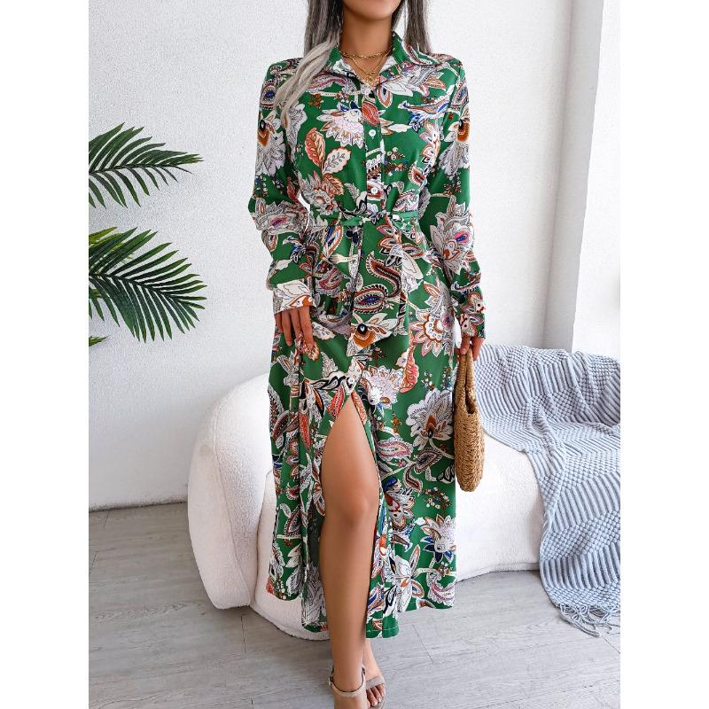 Women's Long Dress Summer Long Sleeve Vintage Floral Lapel Tied Shirt Dress Women Fashion Single Breasted Loose Casual Office Ladies Dresses