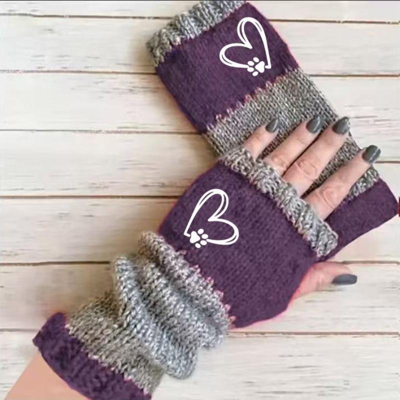 Gants en tricot sans doigts avec broderie de chat et patchwork, Gants décontractés ouverts aux doigts tendance pour femme, Mitaines chaudes d'hiver sans doigts