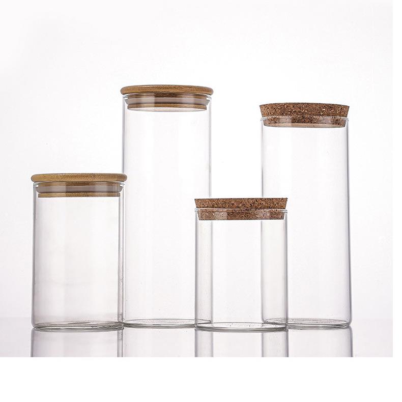 80mm High Borosilicate Glass Storage Jar with Wood Stopper & Bamboo Lid - Straight Neck, Multiple Sizes