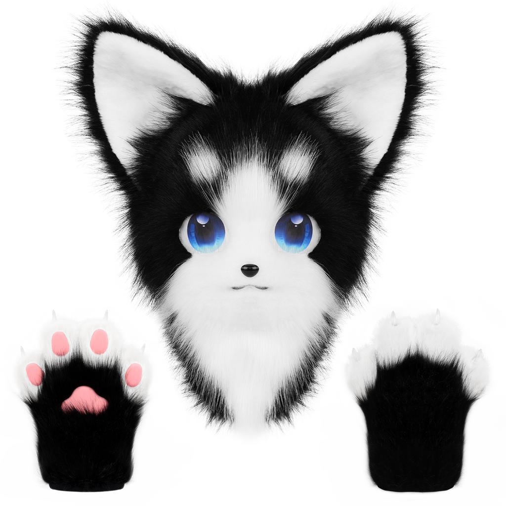 Animale Gatto Fursuit Maschera per la Testa Peluche e Therian Set di Guanti Zampa Per Costume di Halloween Cosplay Accessori