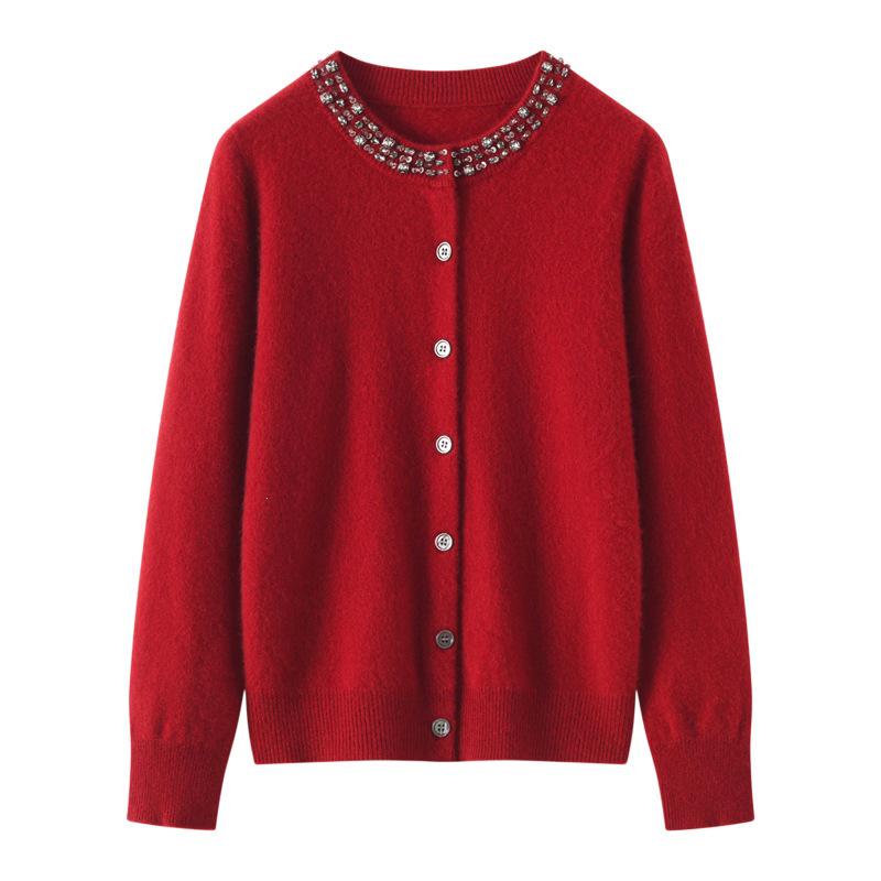 Women's Handmade Rhinestone Crew Neck Wool Cardigan - 2026 Autumn/Winter Collection