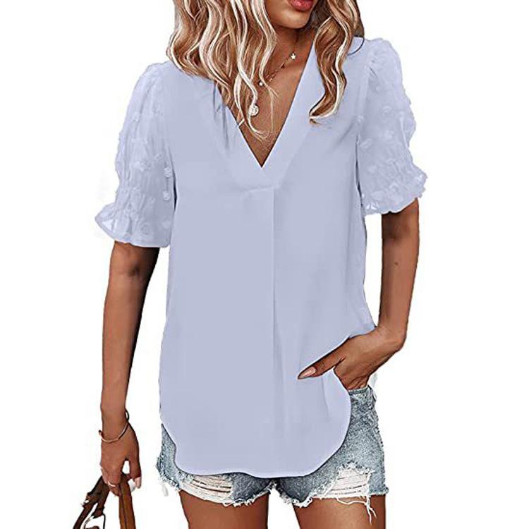 A New V-neck Short-sleeved Fleece Ball Loose and Flowing Top for Women's Summer