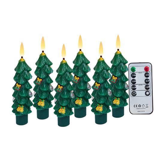 6 Pcs LED Flameless Tree Taper Candles with Remote 5.12" Real Wax Flickering Candles with 3D Flame Wick Battery Operated Candlesticks for Holiday