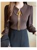 2025 Women's Slim Fit Chiffon Knit Sweater with Peter Pan Collar and Lantern Sleeves