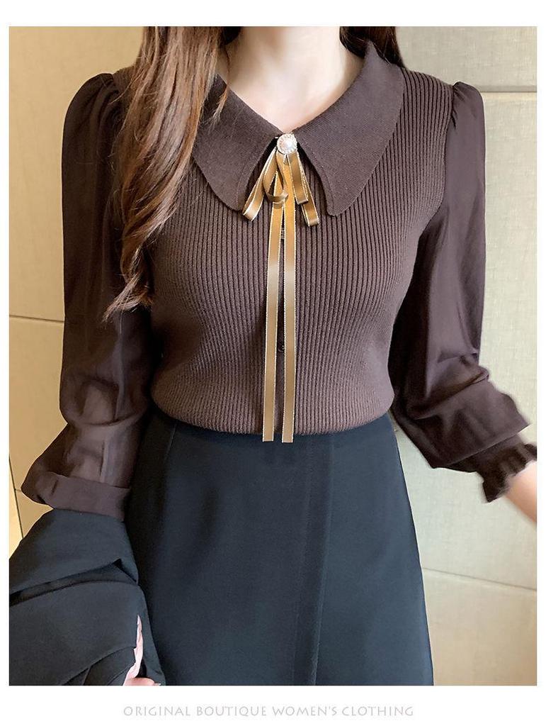 2025 Women's Slim Fit Chiffon Knit Sweater with Peter Pan Collar and Lantern Sleeves