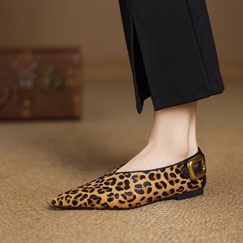 Fashion Fashion Single Shoes Ballet Shoes Women's Retro Leopard Print Genuine Leather Pointed Toe Pumps Lady 2025 New Shoes for Women