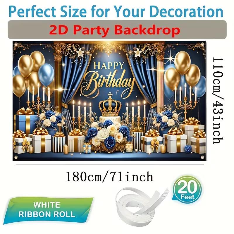 

2D Happy Birthday Background Cloth Blue Gold with Candles, Gifts & Glitter Banner 47.2x31.5inch/120*80cm