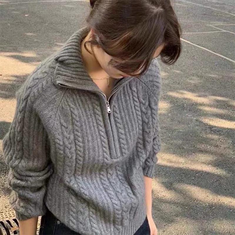 

Женский кашемировый пуловер крупной вязки: Осенне-зимний свитер на молнии до середины груди с отложным воротником. XL серый