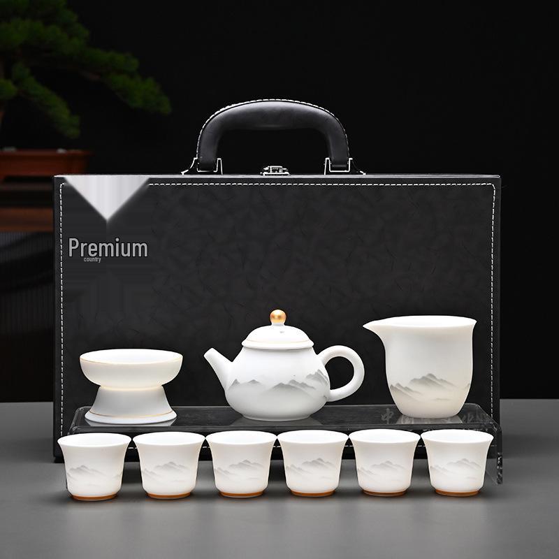 Kung Fu Mutton Fat Jade Gaiwan Teapot Set - Gold-Painted Luxury Tea Set