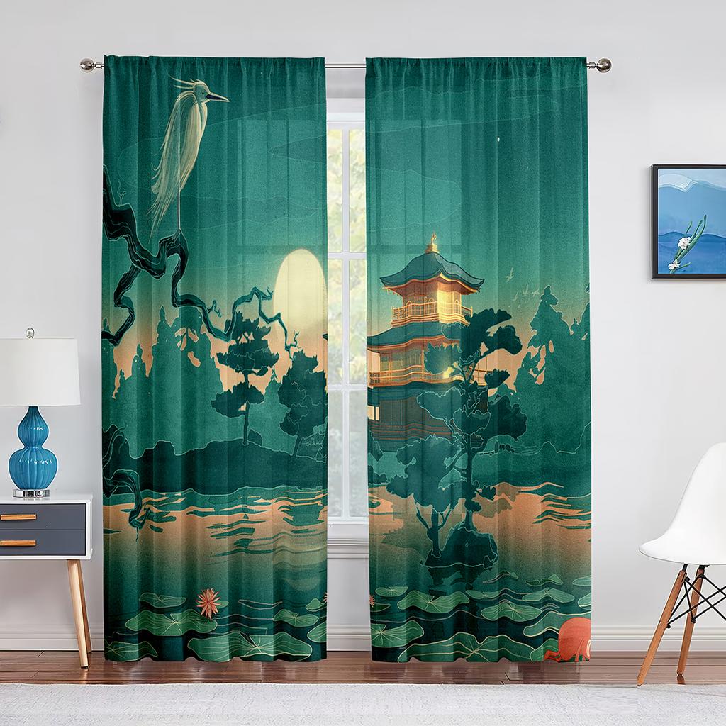Birds On Branch Cherry Blossom Ink Painting Tulle Voile Curtains for Bedroom Window Curtain for Living Room Sheer Curtain Drapes