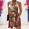 Women Plus Size Criss Cross Cutout Halter Neck Sleeveless Fitted Christmas Printed Dress