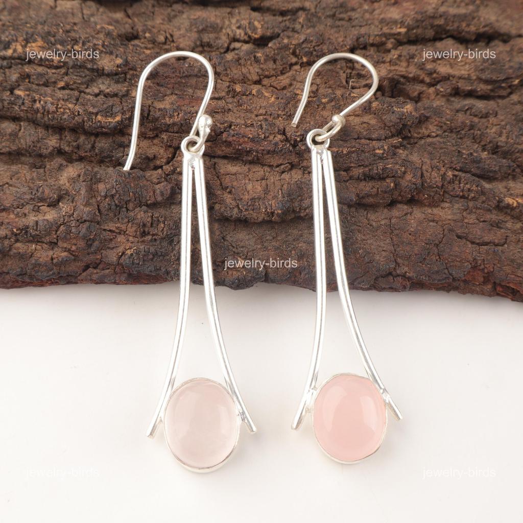 Oval Rose Quartz Stone 925 Sterling Silver Dangle Boho Hook New Earrings Jewelry EE-136-32