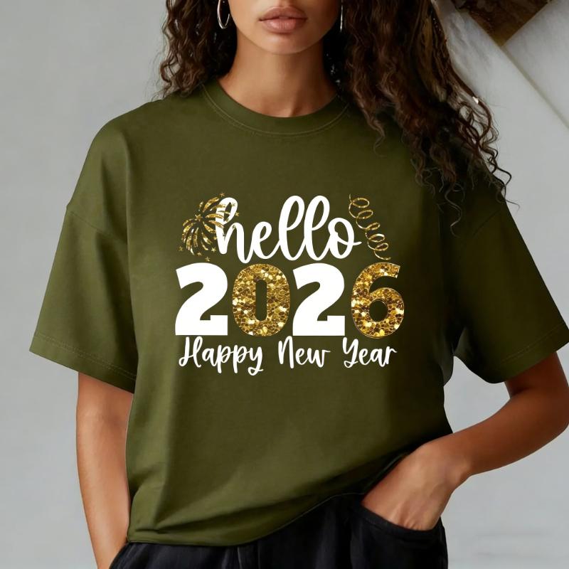 2026 Hello Womens TShirt Womens Happy New Year Pattern Print TShirt Top Summer Loose Casual Round Neck Short Sleeve TShirt