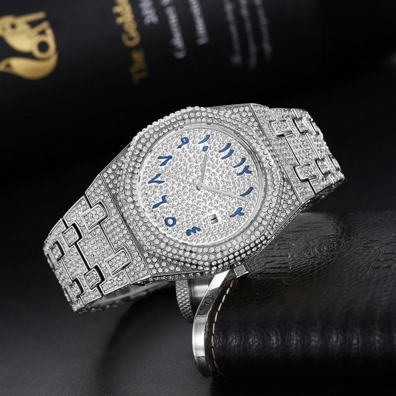 MISSFOX Hip Hop Style Mens Quartz Watch With Full Crystal Dial Arabic Numerals Gold 45mm Polygonal Case
