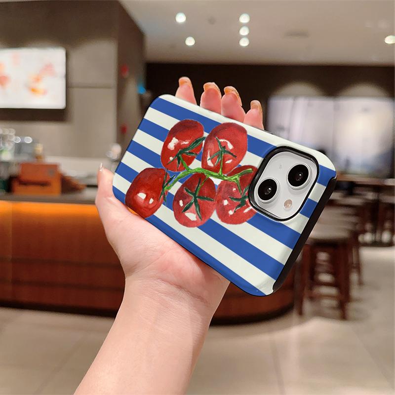 Classic Striped Watercolor Tomato Fruit Graphic Art Film Aesthetic Protective Shockproof Bumper Phone Case Cover For iPhone 14 15 16 Pro Max Plus