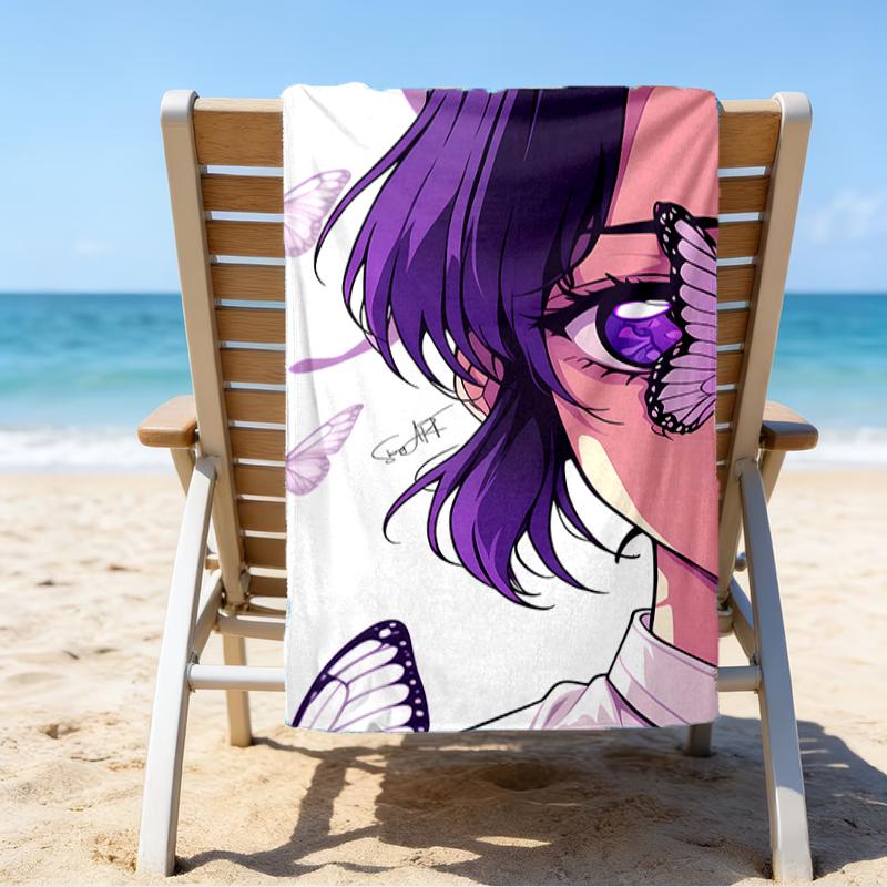 proof beach towel with a Demon Slayer Shinobu Kocho pattern - soft,absorbent,quick-drying,machine washable - perfect for swimming,camping,bathing