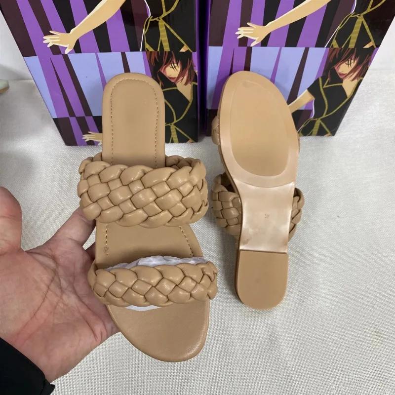 Fashion Summer Double Braid Modern Sandals Women 2025 New Flat Slides Leather Fashion Casual Slip on Woman Outdoor Beach Shoes