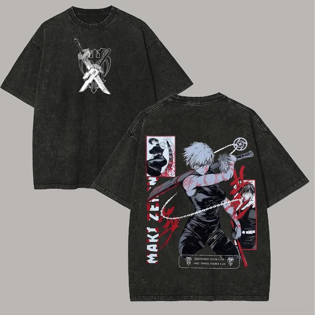 Fushiguro Toji Jujutsu Kaisen T Shirt Zenin Maki Printed Vintage Washed T-shirt Men's Clothing Cotton Short Sleeve Tees Tops