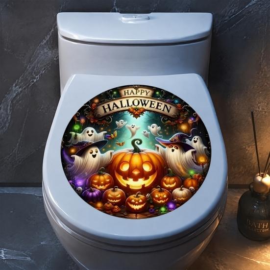 Water Resistant Bathroom Wall Art Happy Halloween Toilet Sticker, Pumpkin Ghost Lid Easy Apply PVC Waterproof Decal for Home Party Decoration Peel And