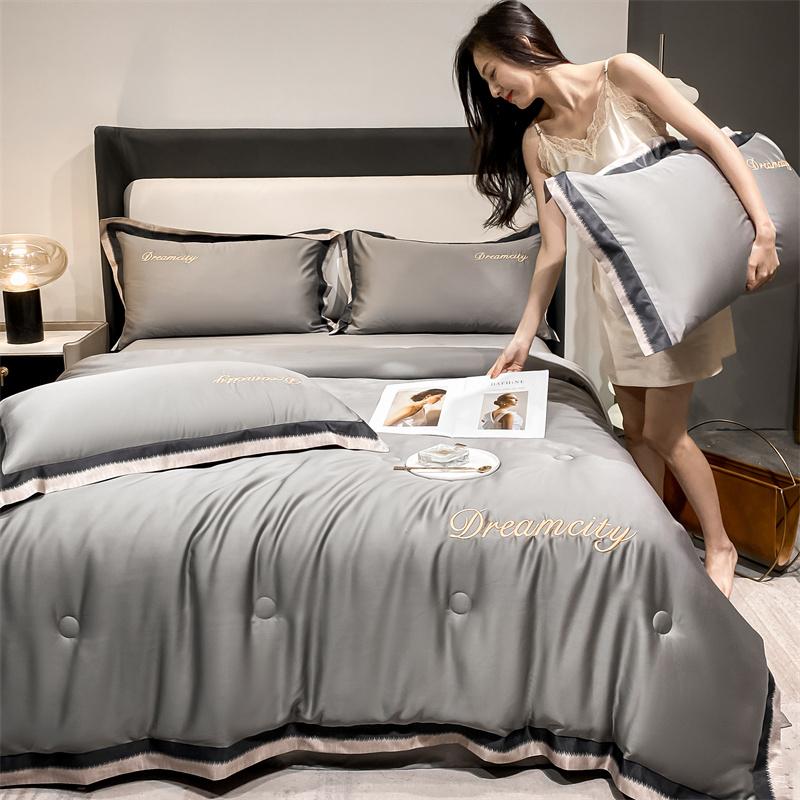 Digital Wide Edge Washed Silk Like Ice Silk Embroidery Tencel Summer Quilt Four Piece Set Air Conditioner Cool Summer Quilt