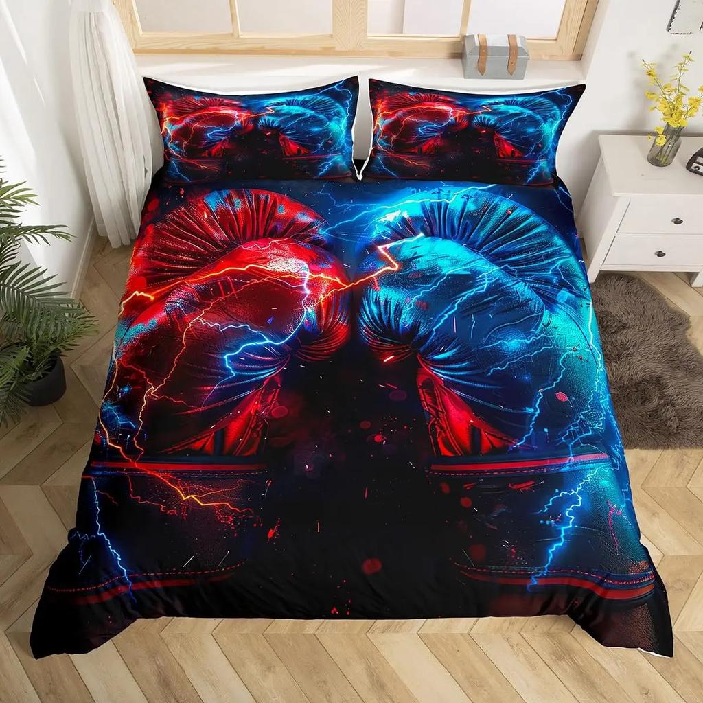 Adult Boxing Duvet Cover Sports Theme Bedding Set Boxing Gloves Duvet CoverBoxing Pattern Comforter Cover Queen Size