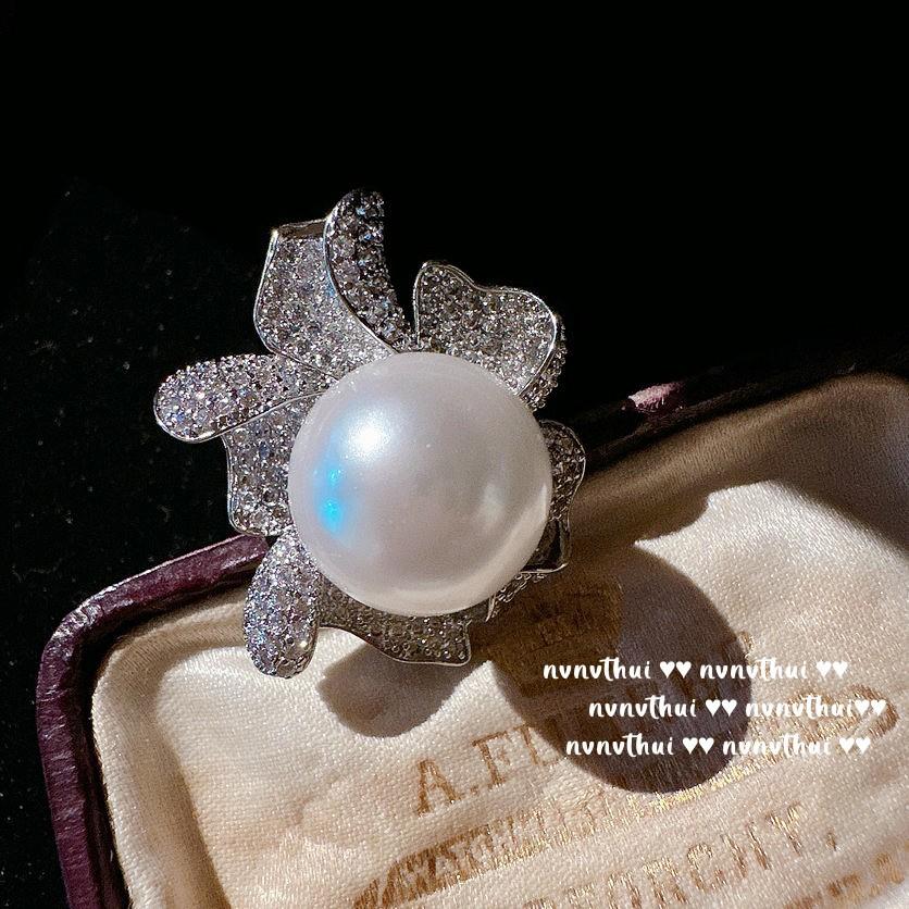 

Ancient Babylonian Cheetah Jewel Pearl Brooch, Tahiti, Deep Sea Beads, Flower Zircon, Ring