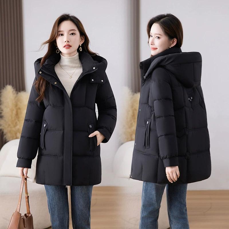 

Зимнее пальто женское модное для мамы среднего возраста средней длины пуховое хлопковое с капюшоном куртка повседневная однотонная теплая толстая верхняя одежда женская парка S чёрный