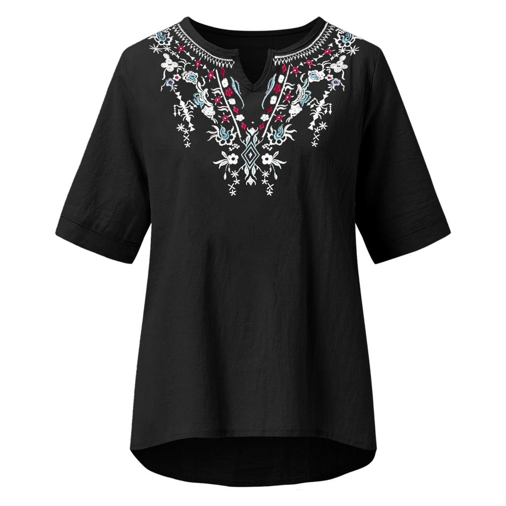 Cotton And Linen Embroidered Shirt V-Neck Color Women's Artistic Loose Fitting Short Sleeved Summer