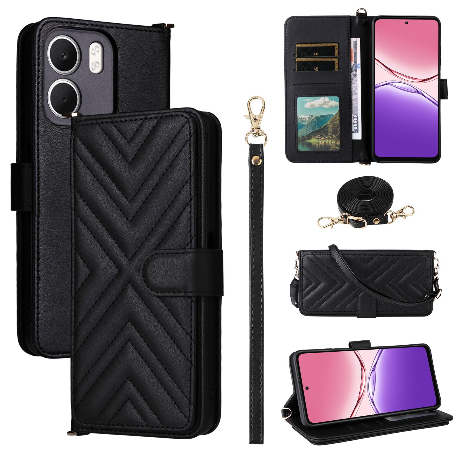 

For Oppo A5x 5G/4G Case with Shoulder/Wrist Strap Leather Phone Cover Stand Wallet Black