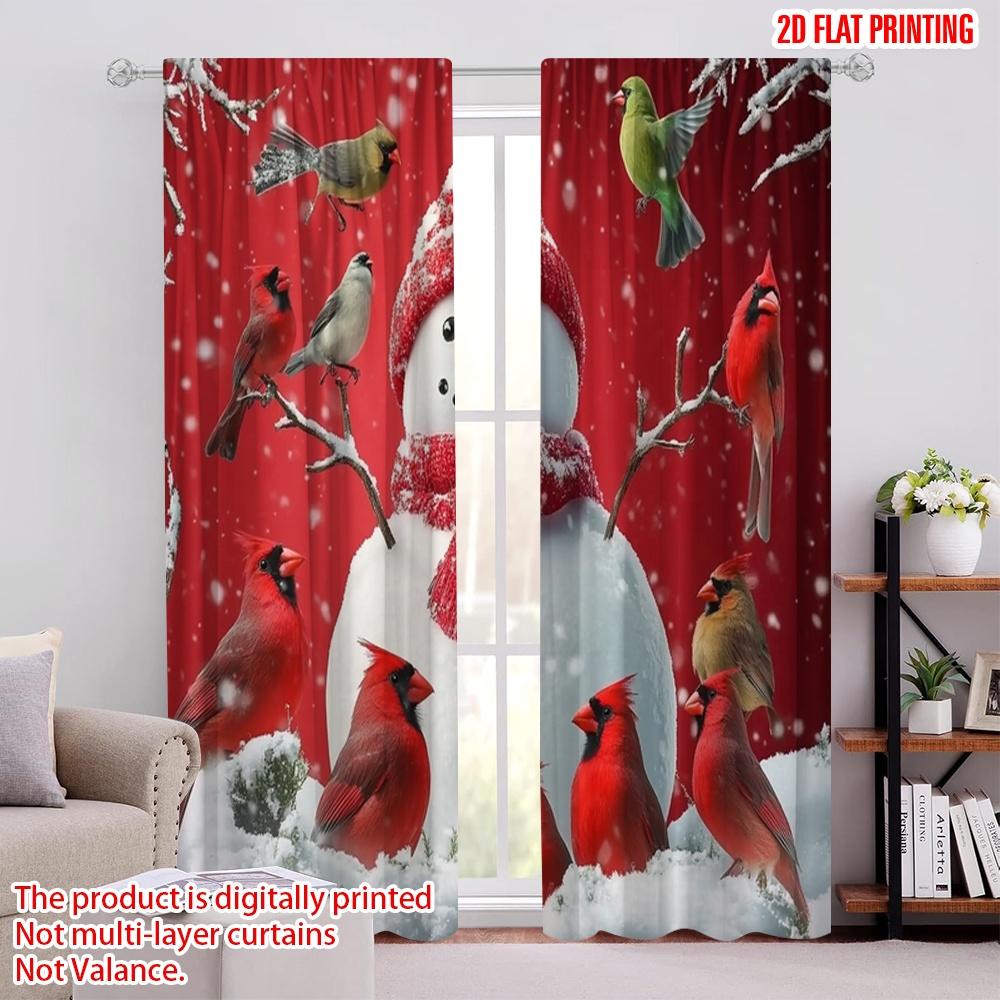 

Set Of 2 Flat Printing Christmas Drapes Snowman Red Bird Fabric Without Electricity Spring Party Holiday Decor Curtain Polyester W100*H70(CM)-Grommet top&1PCS