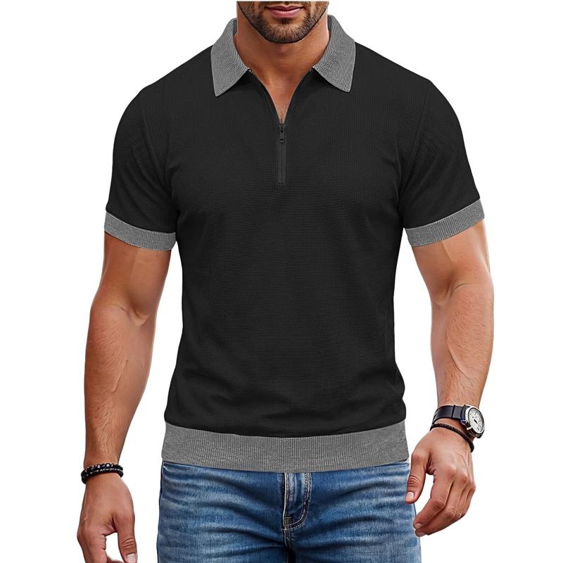 Summer Men's Short Sleeve Zipper Polo Shirts Color Block Casual T-Shirt for Men Lightweight Shirts Laple Wicking Streetwear Tee