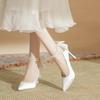 French elegant white high heels women's stiletto wedding shoes with skirt satin wedding shoes bow spring and autumn pointed shoes