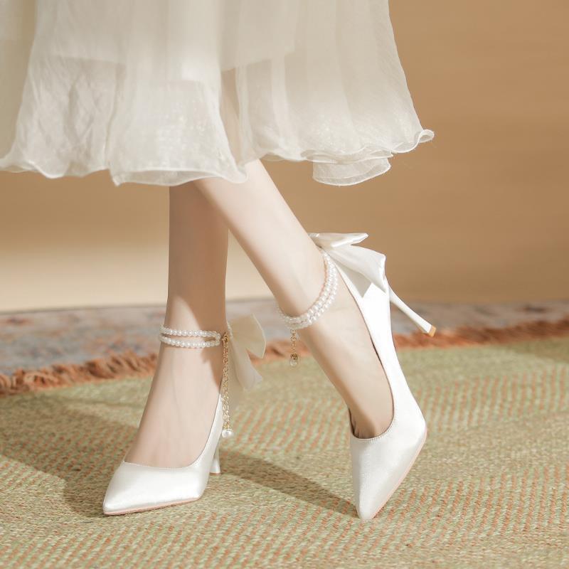 French elegant white high heels women's stiletto wedding shoes with skirt satin wedding shoes bow spring and autumn pointed shoes
