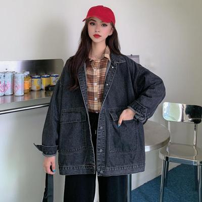 Jaqueta jeans feminina retrô, abotoamento simples, gola virada para baixo, mangas compridas, cor sólida, bolsos, tamanho grande, feminina