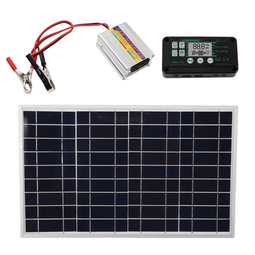 30W Solar Panel Kit with 220W Inverter and MPPT QC3.0 Controller, Portable Solar for RV Camping Boat Car 12V Battery