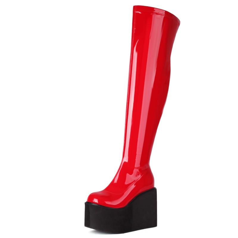 

Женские сапоги на танкетке, высокие сапоги на платформе из искусственной кожи, на танкетке, выше колена, красные, черные, длинные, фетиш-туфли, большой размер 38 красный