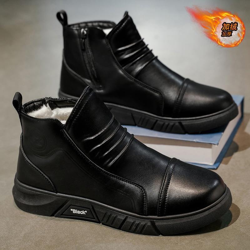 Winter velvet Martin boots men's shoes new high-top leather boots men's black leather shoes thickened warm short boots cotton shoes