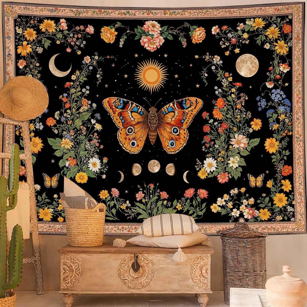 Mystical Moon Phase Butterfly Tapestry, Floral & Celestial Print with Wildflowers, Wall Decor for Nature & Witchy Rooms