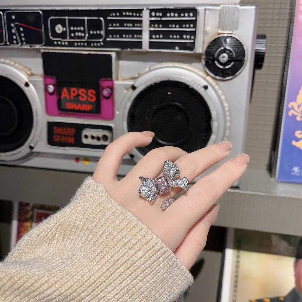 Bright Pink Diamond Colored Treasure Flower Ring Women'S Opening Light Luxury High Sense Design Elegant Temperament