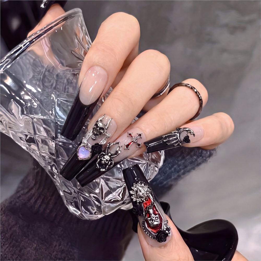 96PC Black French Long Coffin Halloween Press On Nails Y2K Cross Skull Spider Snake Bow False Nails Full Cover French Fake Nails