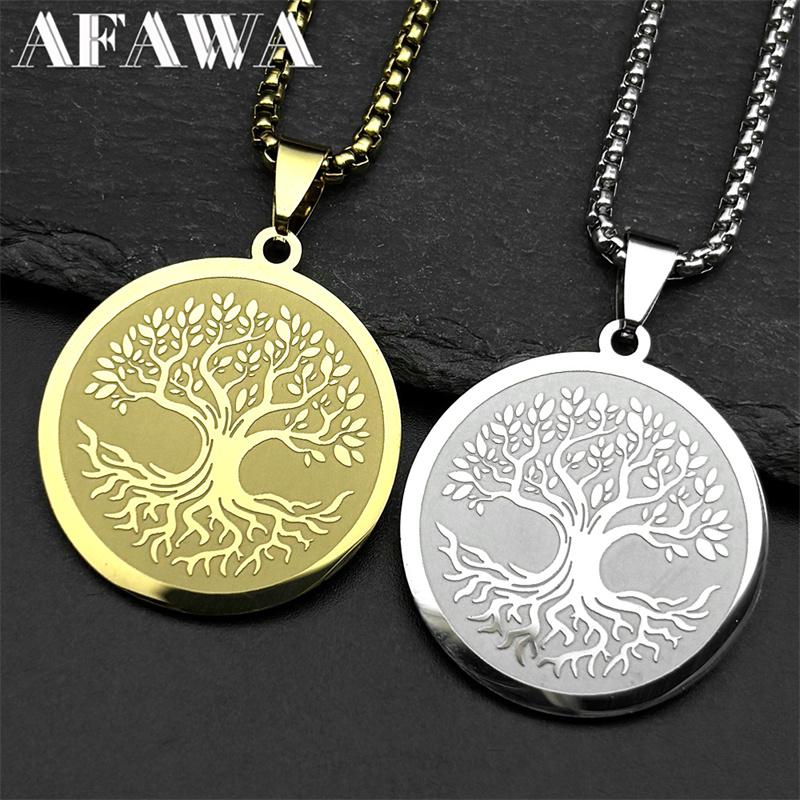 Collar Colgante Redondo Medalla Árbol de la Vida Acero Inoxidable para Mujeres Hombres Cadena Color Oro Plata Collares Joyería de Sanación Reiki