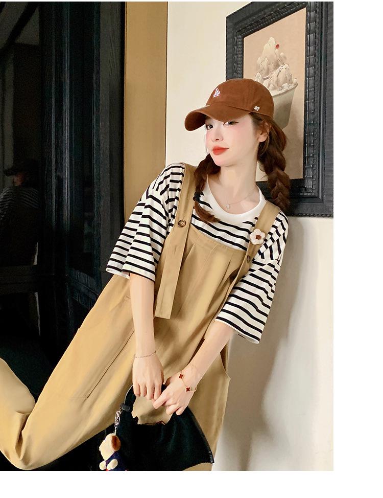 Khaki Women's Age-Defying Overalls and T-Shirt Set - Spring/Summer 2024 Korean Style