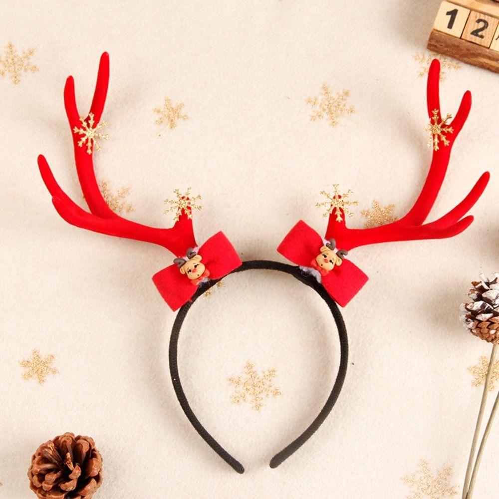 Bowknot Antlers Headband Plush Ball Elk Hair Hoop Cute Deer Horn Hair Band  Festival Decoration