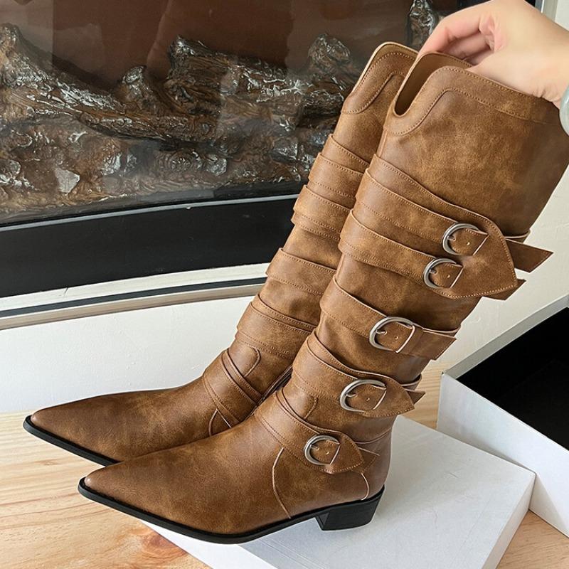 Fashion New Belt Buckle Combination Black Brown Western Cowboy Boots Women's Pointed Zipper 3.5cm Thick High Heels Knee High Boots 34-42