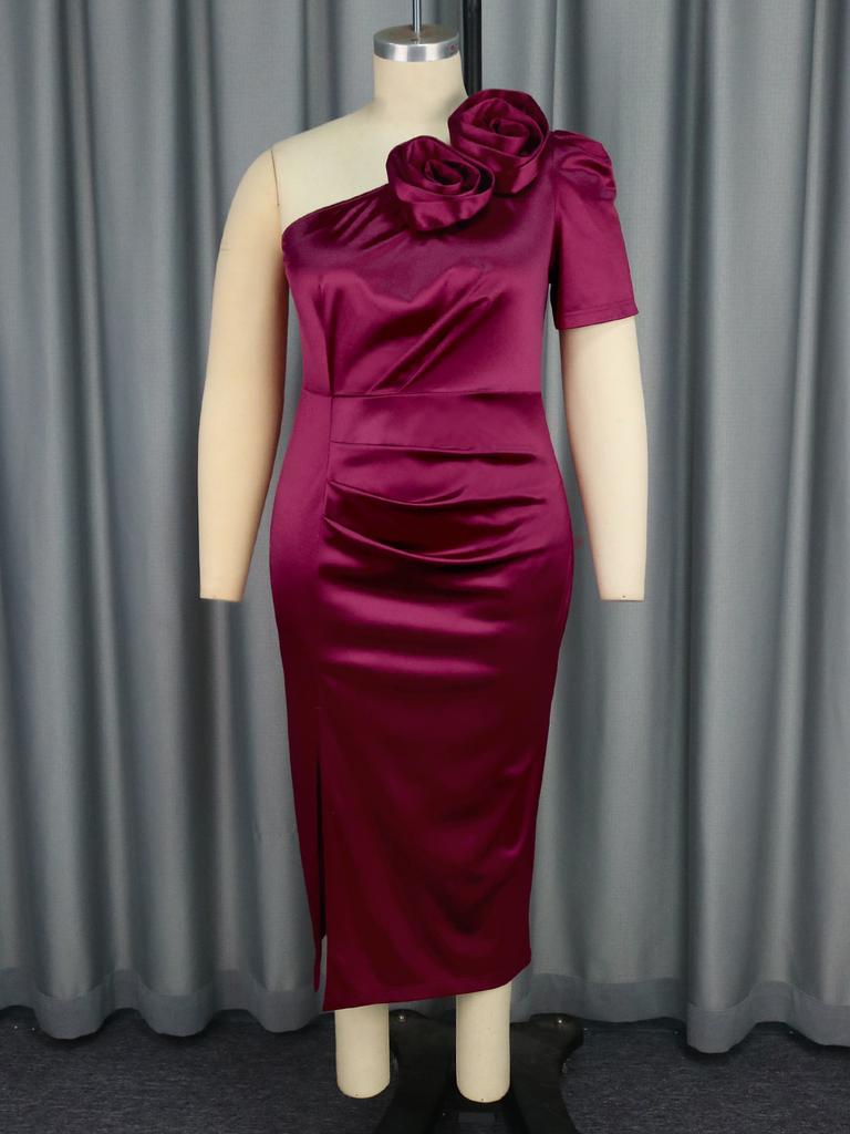 AOMEI Bugundy One Shoulder Slit Party Dresses Irregular 3D Short Sleeve Bodycon Slit Women Dress