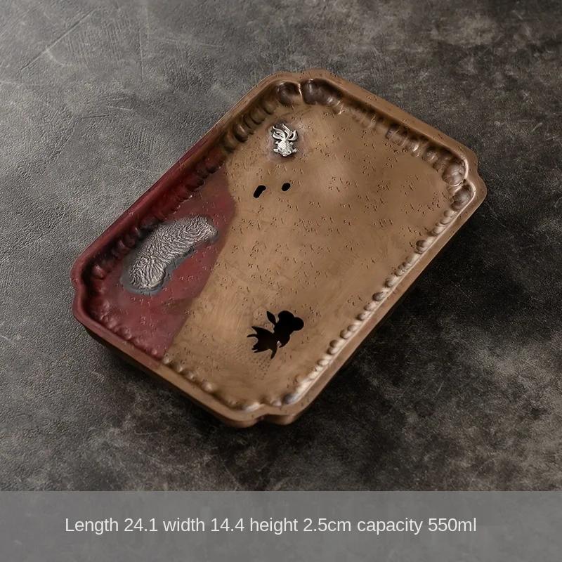 

Goldfish Silver Gilded Red Copper Pot Tray Handmade Dry Pour Long Square Water Storage Tray Tea Table Tea Ceremony Utensils